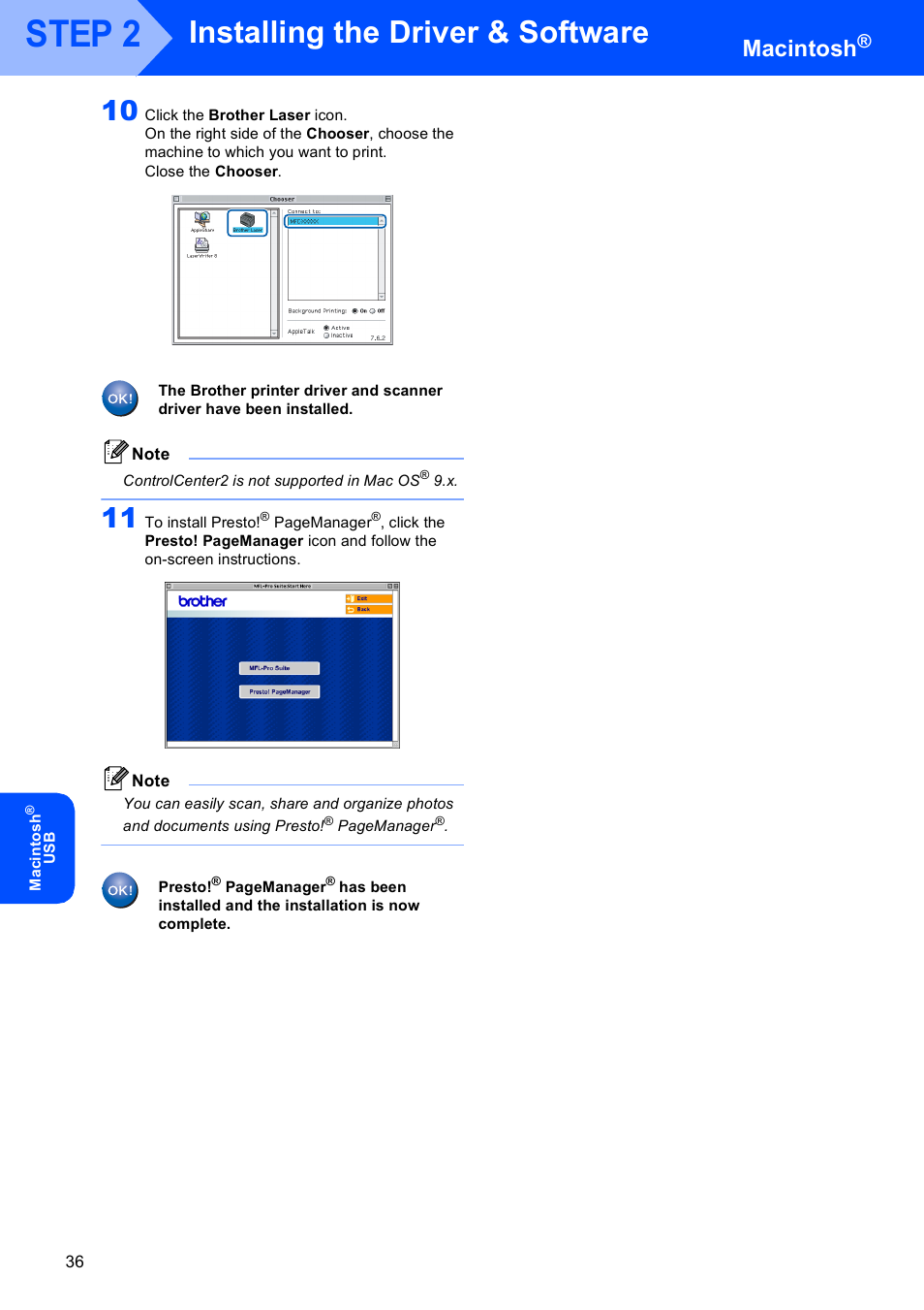 Step 2, Installing the driver & software, Macintosh | Brother MFC-8870DW User Manual | Page 38 / 58