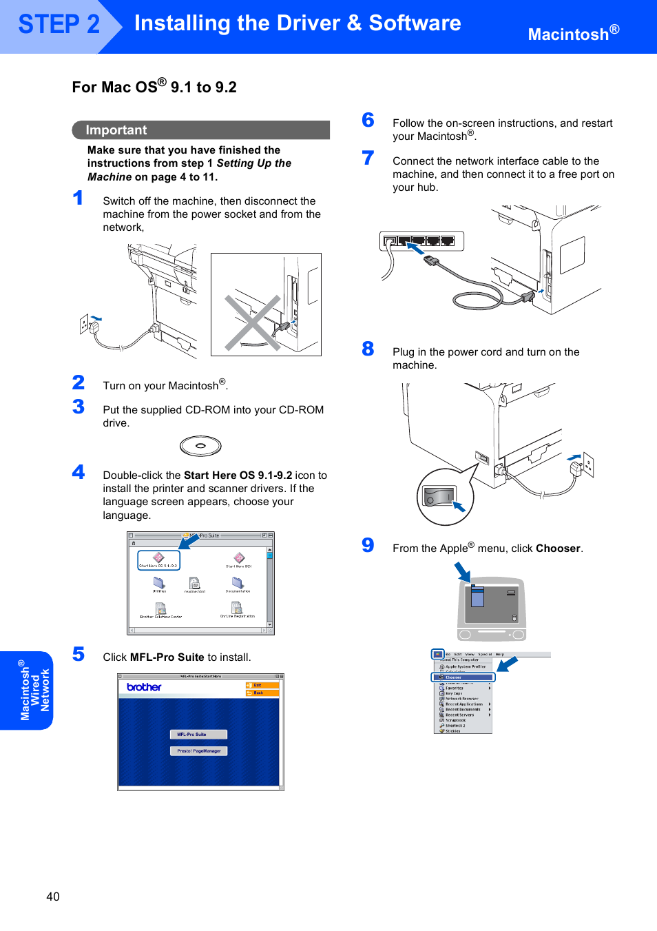 For mac os® 9.1 to 9.2, For mac os, 1 to 9.2 | Step 2, Installing the driver & software, Macintosh | Brother MFC-8870DW User Manual | Page 42 / 58