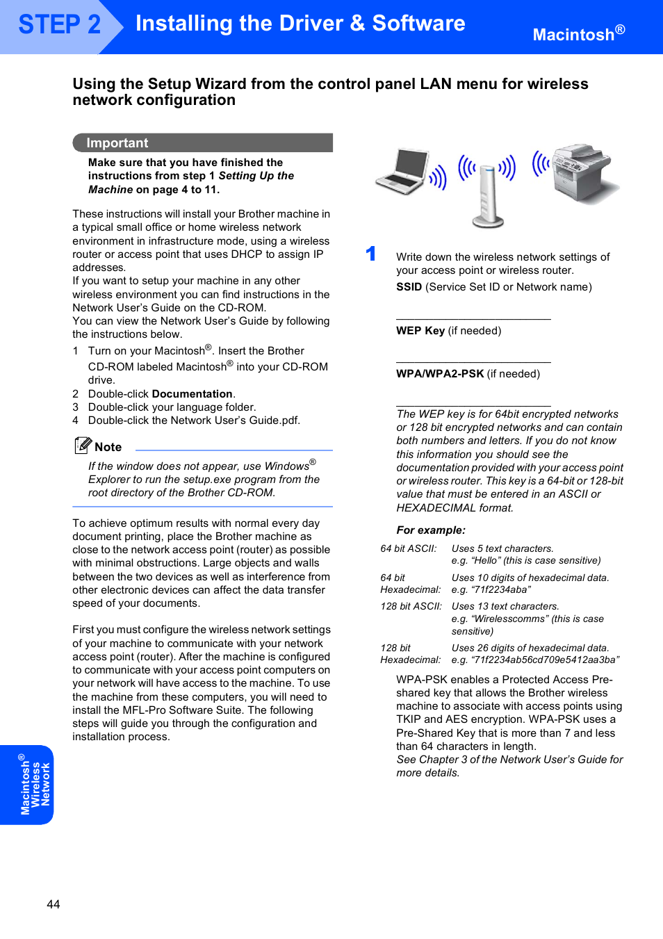 For example, Step 2, Installing the driver & software | Macintosh | Brother MFC-8870DW User Manual | Page 46 / 58