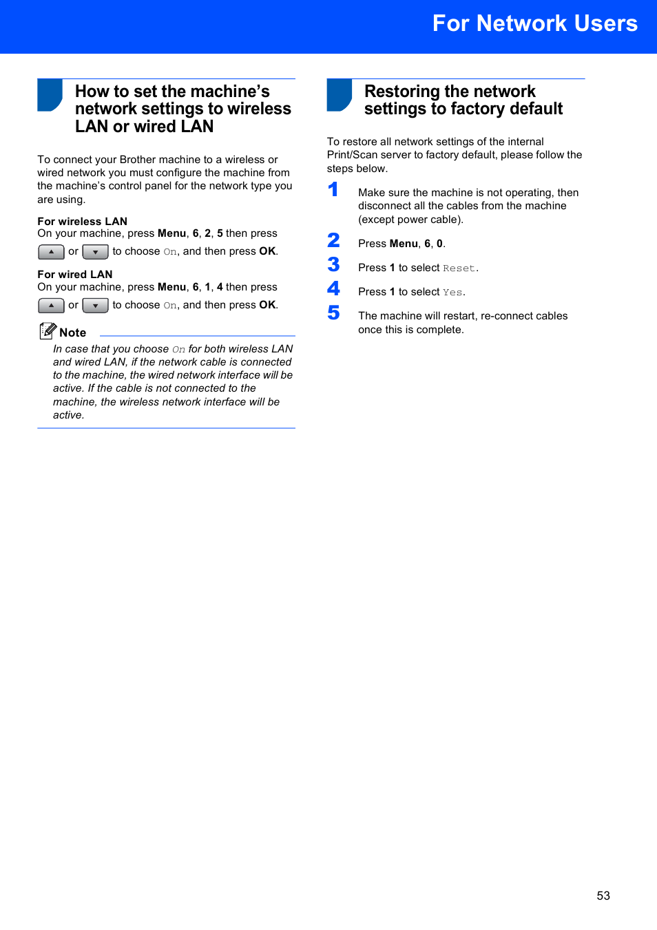 For wireless lan, For wired lan, Restoring the network settings to factory default | For network users | Brother MFC-8870DW User Manual | Page 55 / 58