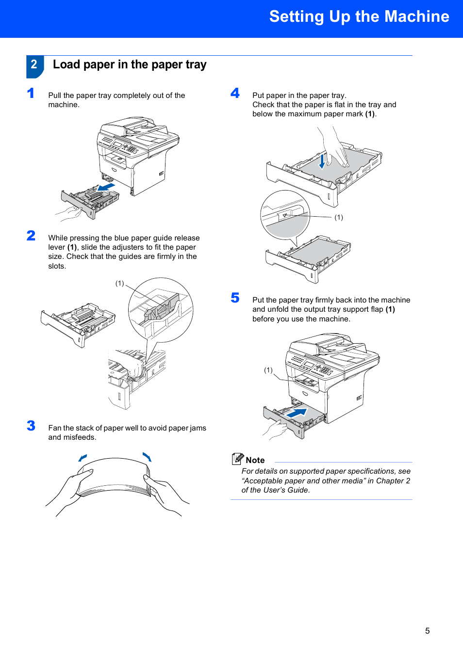 2 load paper in the paper tray, Load paper in the paper tray, Setting up the machine | 2load paper in the paper tray | Brother MFC-8870DW User Manual | Page 7 / 58