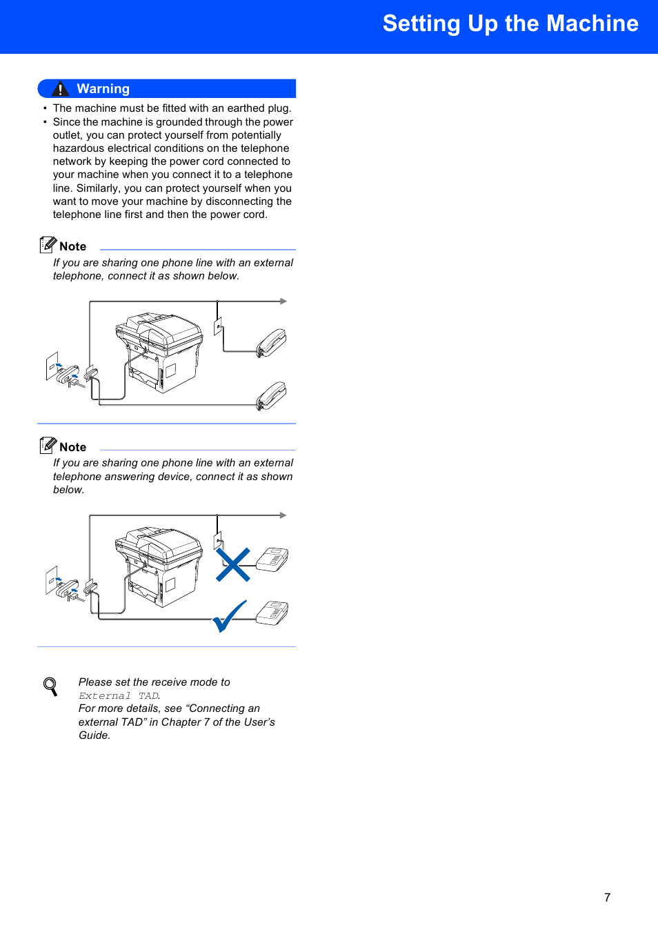 Setting up the machine, Warning | Brother MFC-8870DW User Manual | Page 9 / 58