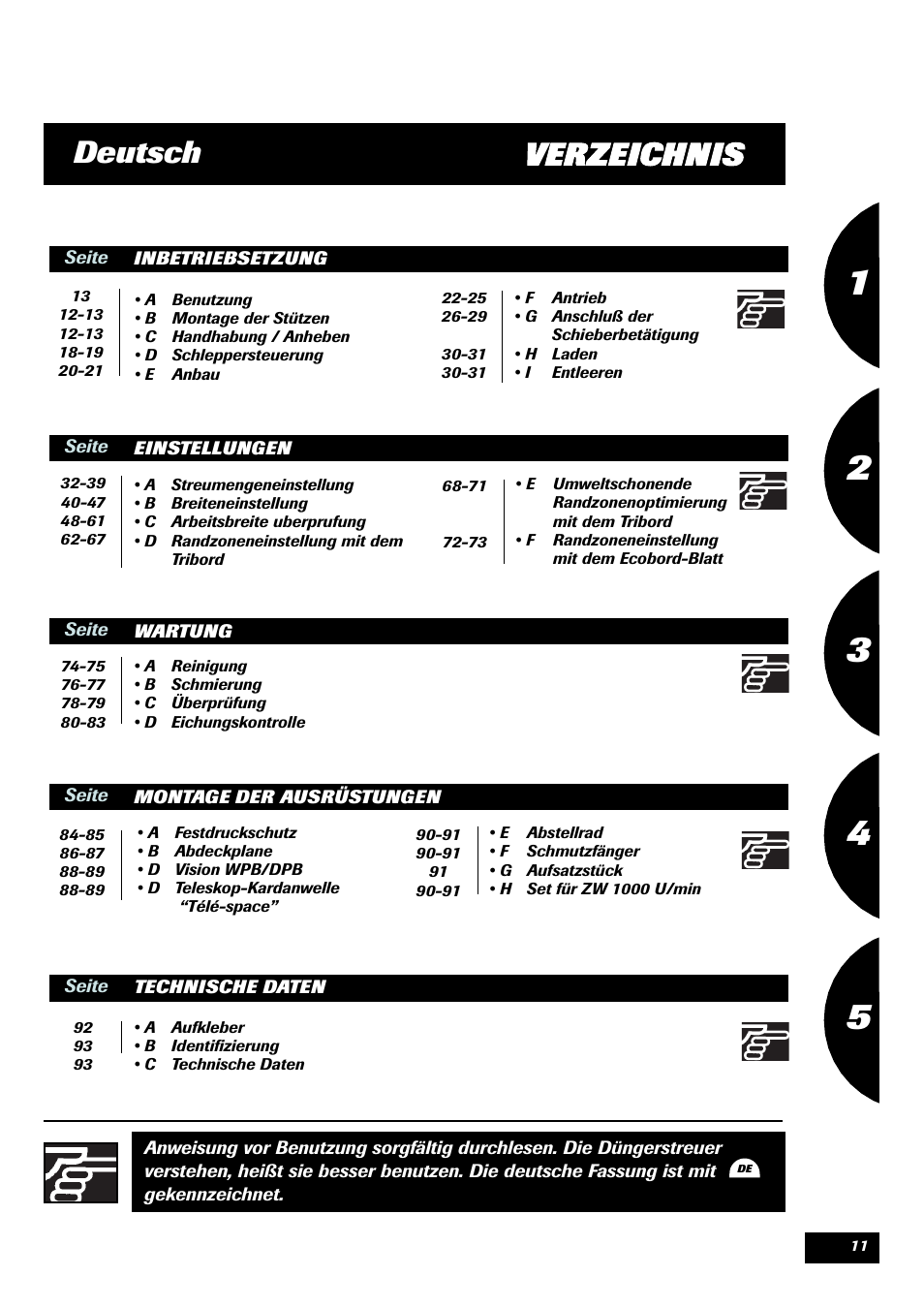 Deutsch, Verzeichnis | Sulky X 44 User Manual | Page 13 / 95