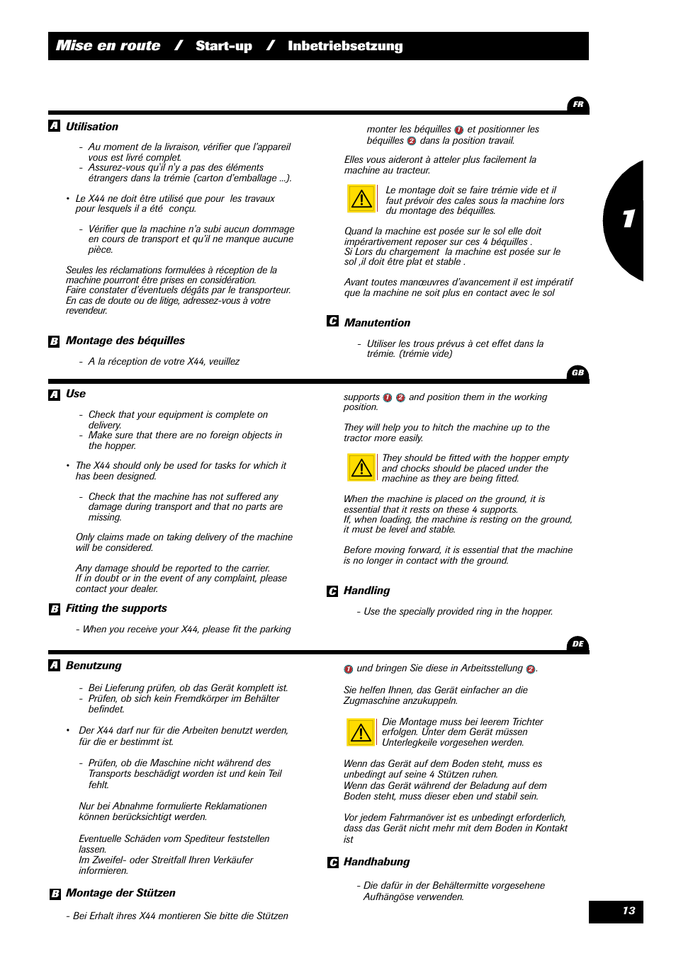 Mise en route, Start-up, Inbetriebsetzung 1 | Sulky X 44 User Manual | Page 15 / 95