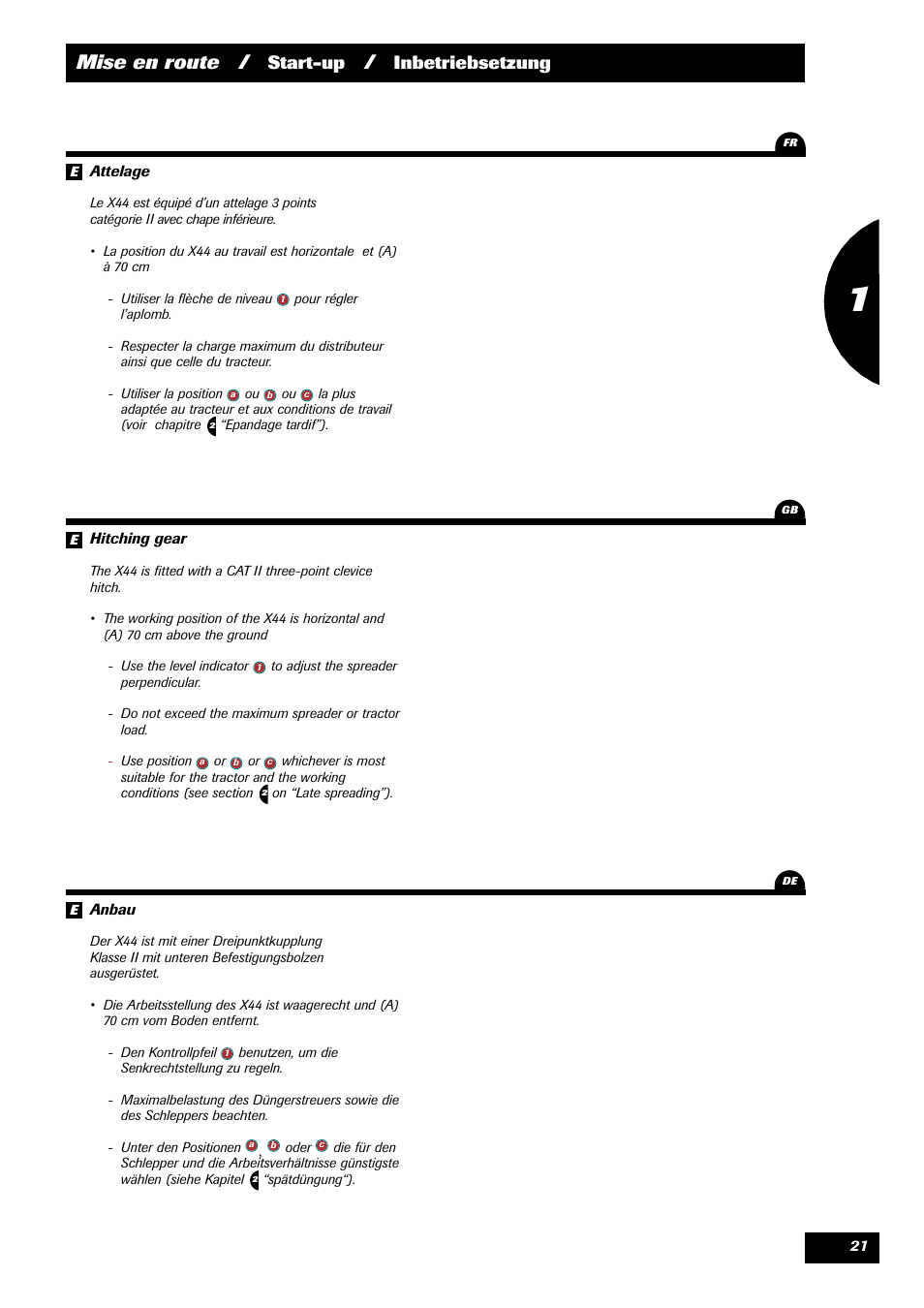 Mise en route, Start-up, Inbetriebsetzung | Sulky X 44 User Manual | Page 23 / 95