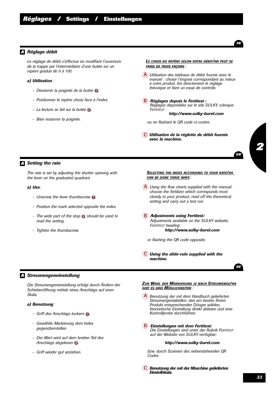 Réglages, Settings, Einstellungen | Sulky X 44 User Manual | Page 35 / 95