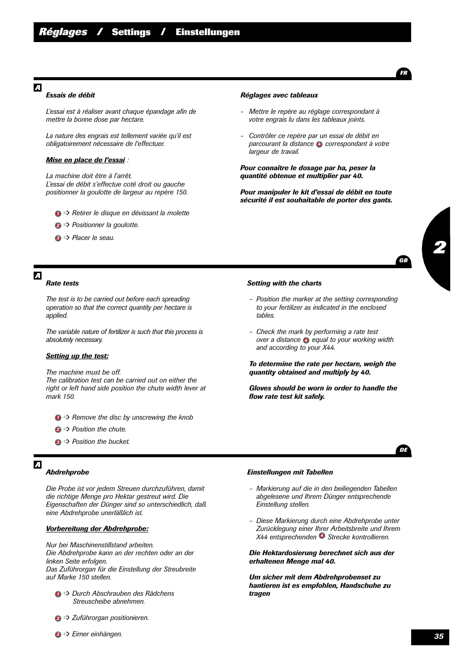 Réglages, Settings, Einstellungen | Sulky X 44 User Manual | Page 37 / 95