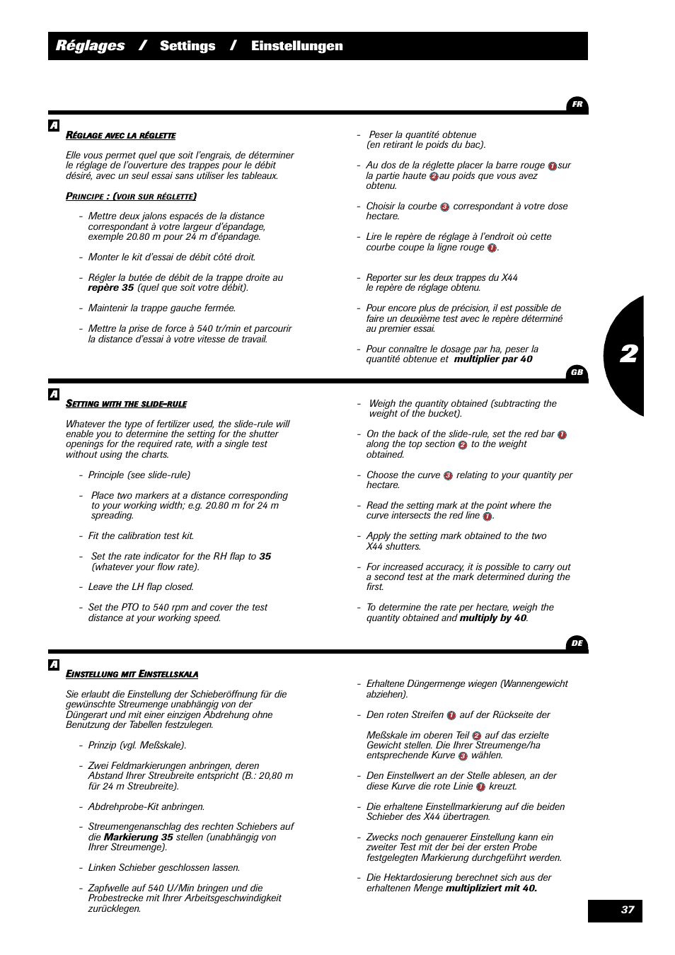 Réglages, Settings, Einstellungen | Sulky X 44 User Manual | Page 39 / 95