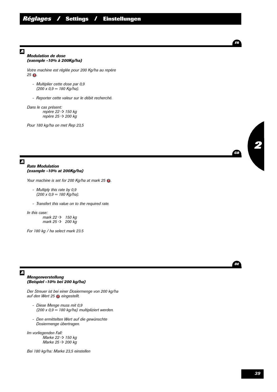 Réglages, Settings, Einstellungen | Sulky X 44 User Manual | Page 41 / 95