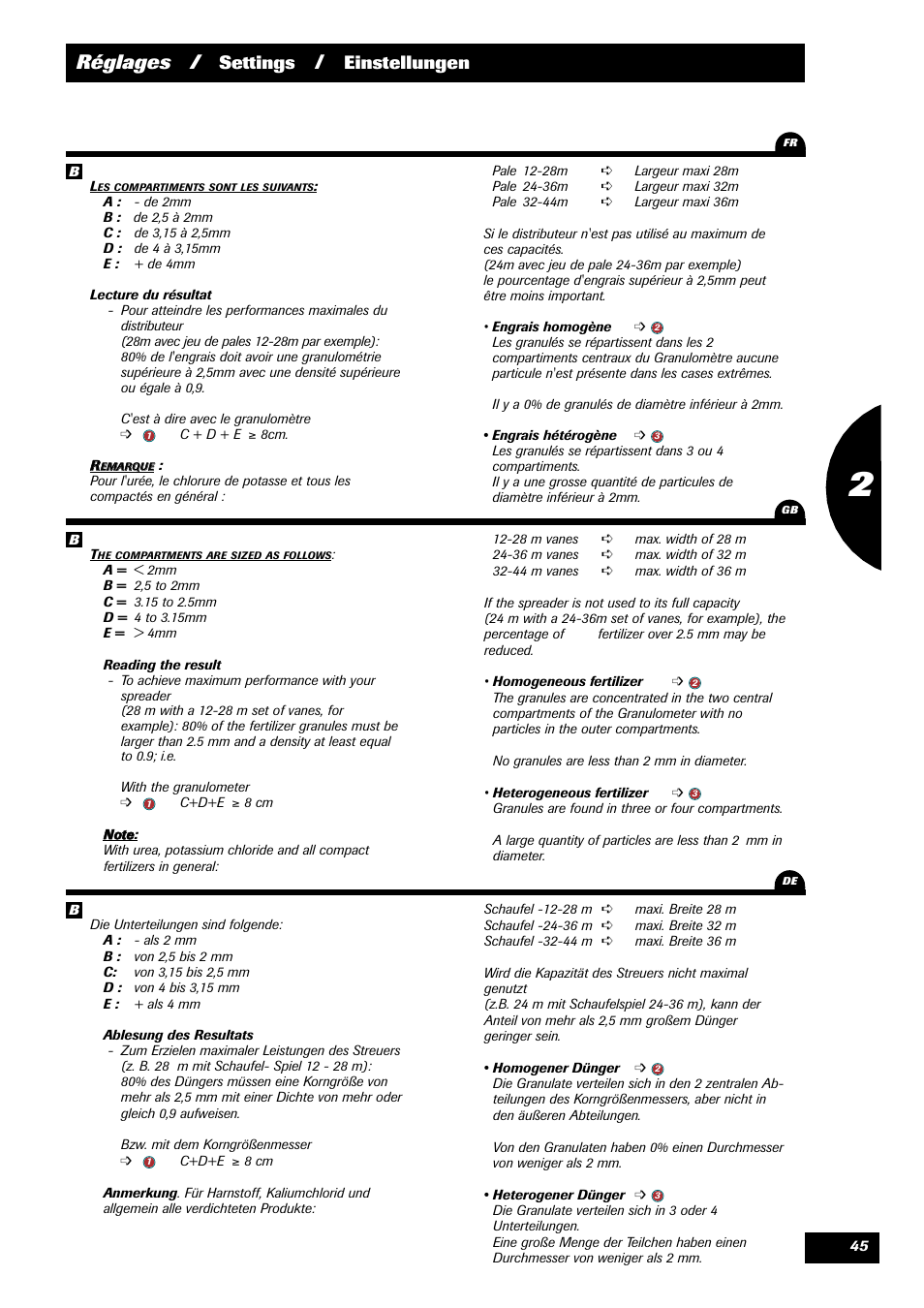 Réglages, Settings, Einstellungen | Sulky X 44 User Manual | Page 47 / 95