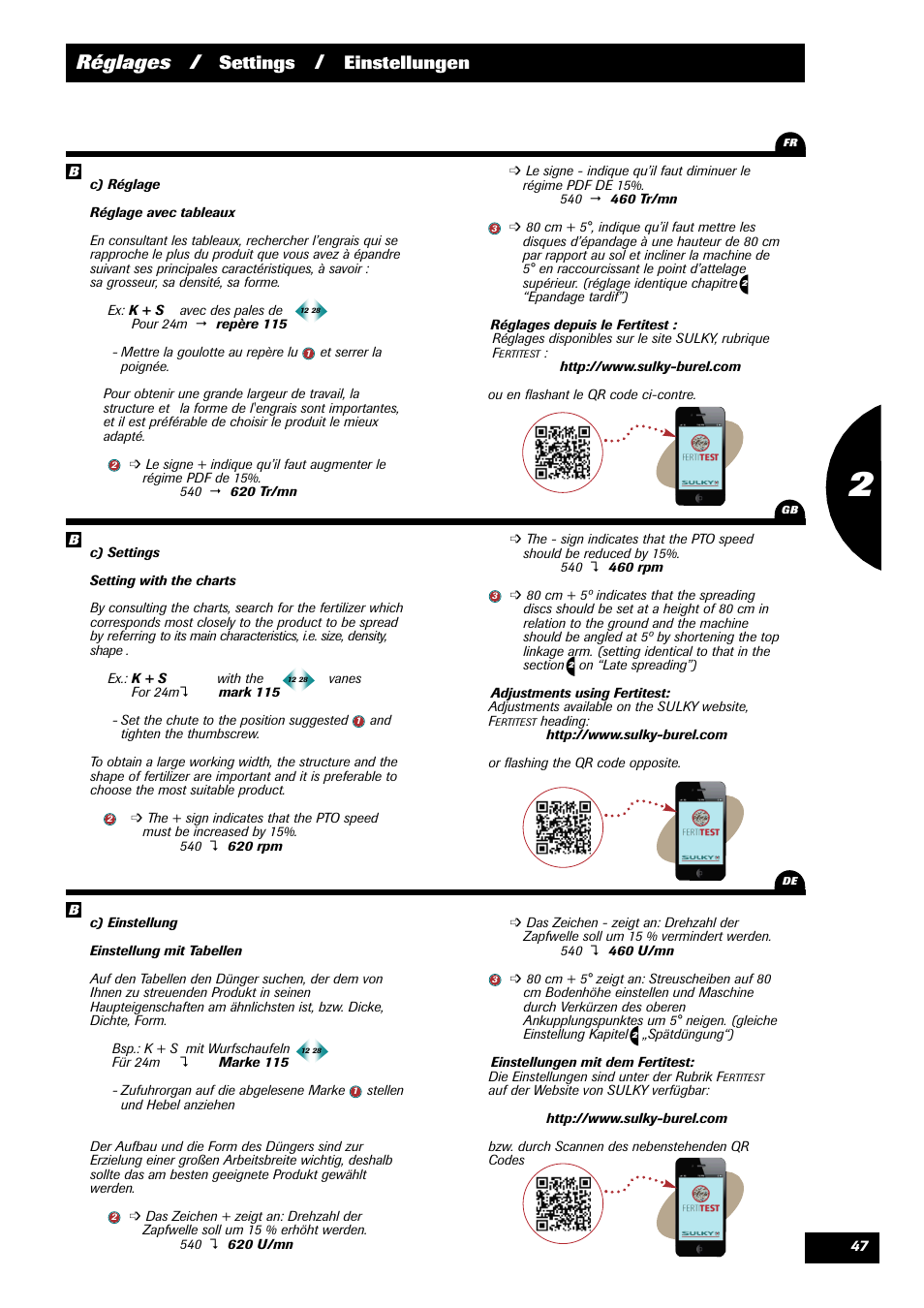 Réglages, Settings, Einstellungen | Sulky X 44 User Manual | Page 49 / 95