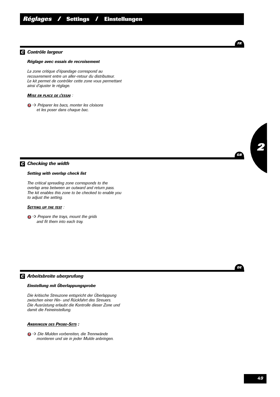 Réglages, Settings, Einstellungen | Sulky X 44 User Manual | Page 51 / 95