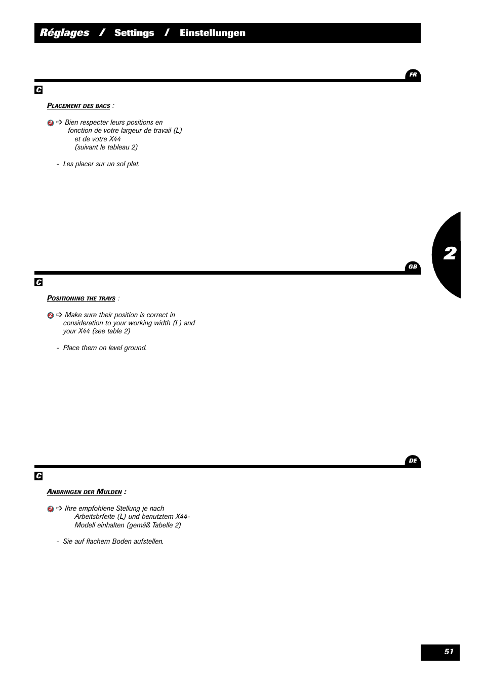 Réglages, Settings, Einstellungen | Sulky X 44 User Manual | Page 53 / 95