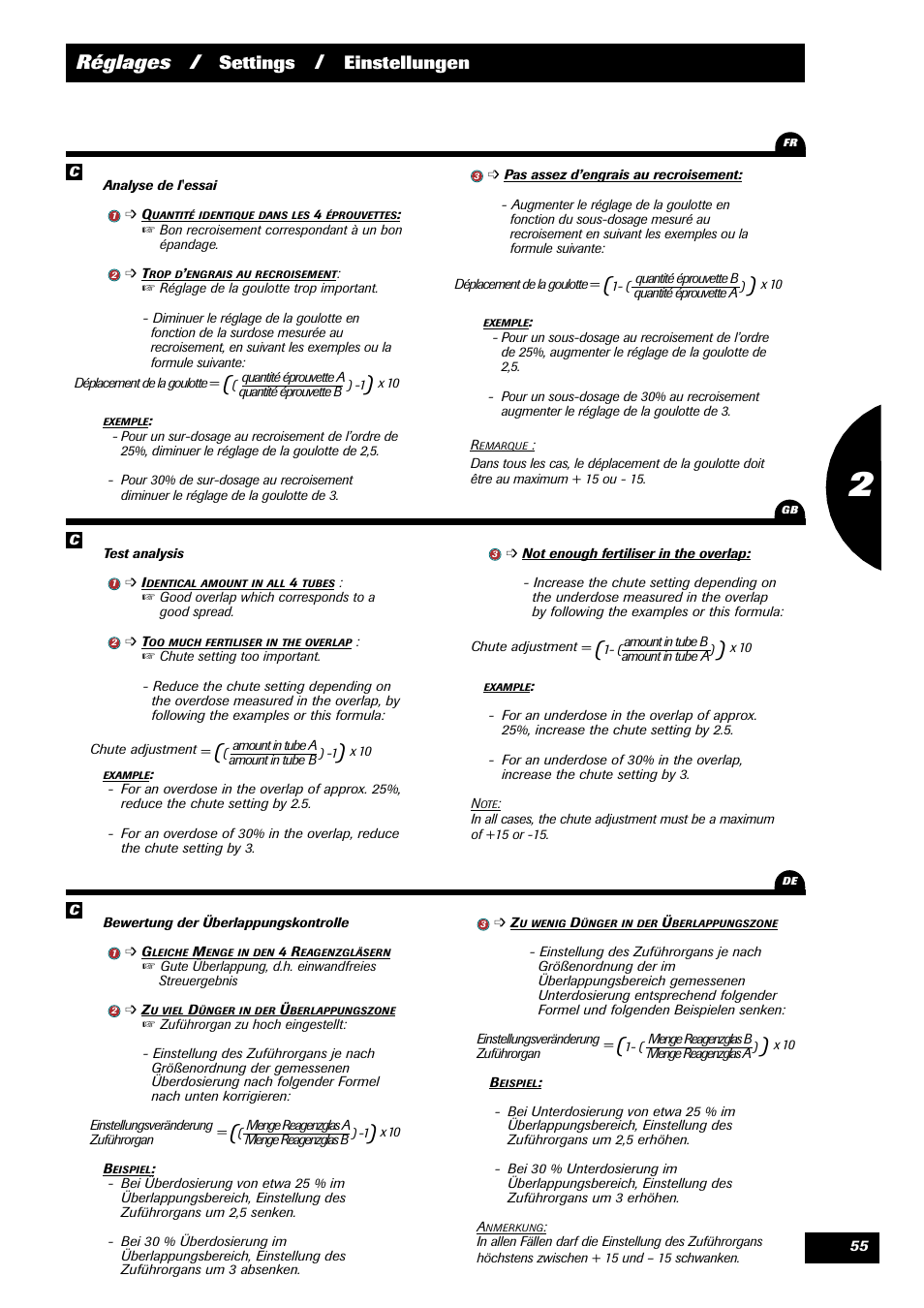 Réglages, Settings, Einstellungen | Sulky X 44 User Manual | Page 57 / 95