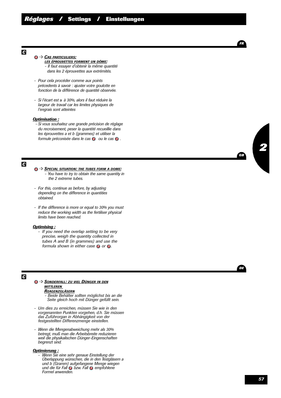 Réglages, Settings, Einstellungen | Sulky X 44 User Manual | Page 59 / 95