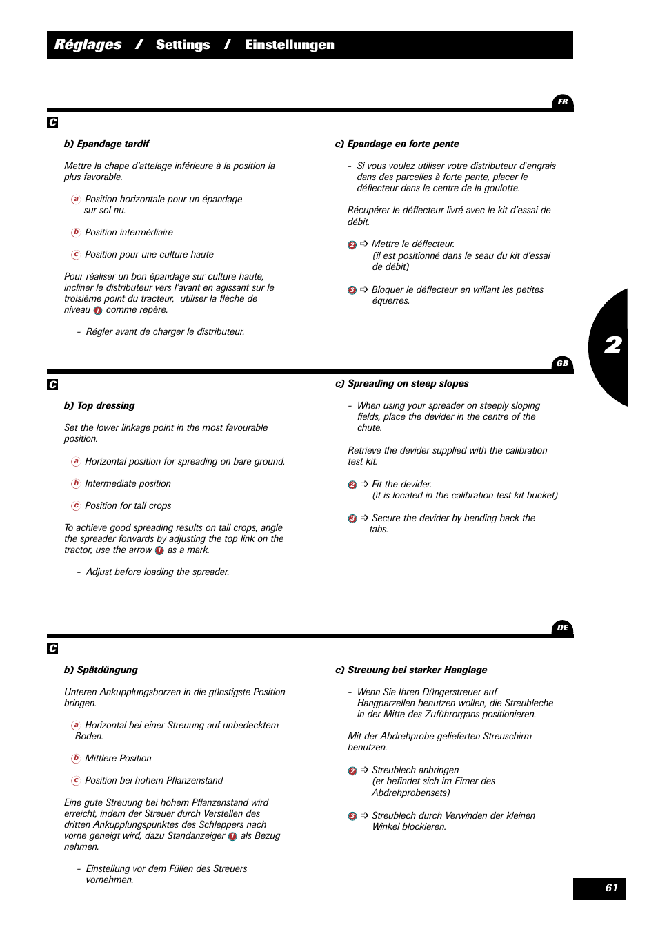 Réglages, Settings, Einstellungen | Sulky X 44 User Manual | Page 63 / 95