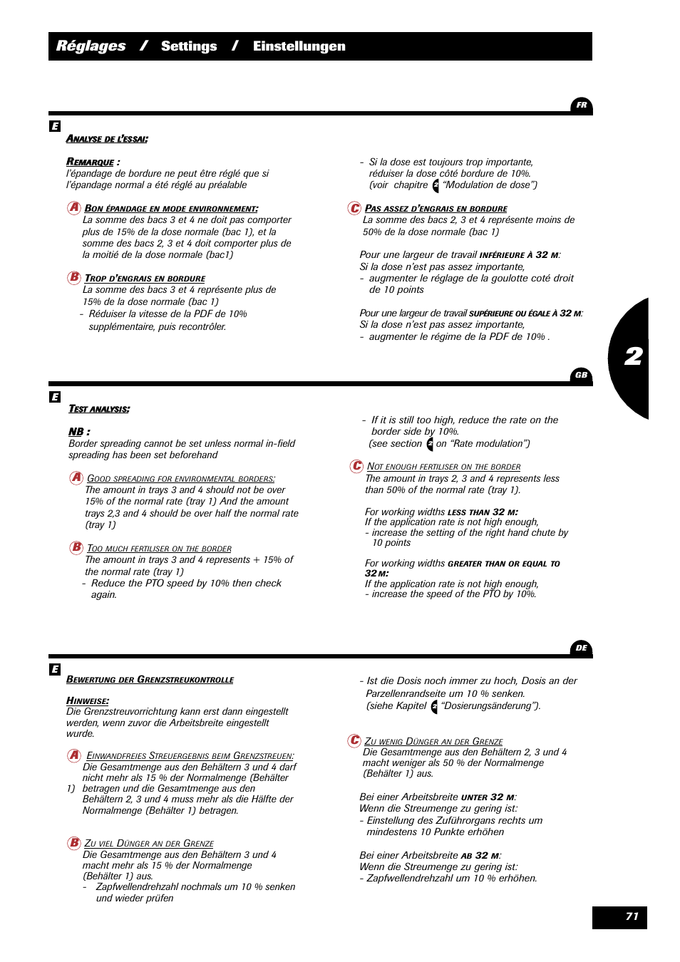 Réglages, Settings, Einstellungen | Sulky X 44 User Manual | Page 73 / 95