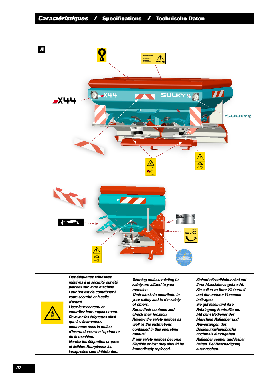 Caractéristiques, Specifications, Technische daten | Sulky X 44 User Manual | Page 94 / 95