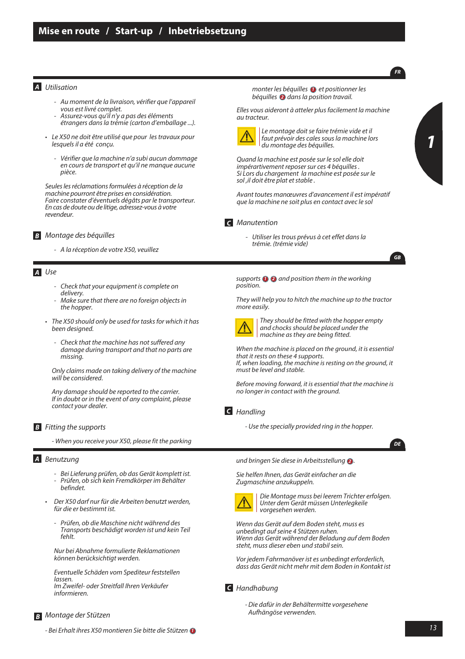 Mise en route / start-up / inbetriebsetzung | Sulky X 50 User Manual | Page 15 / 103