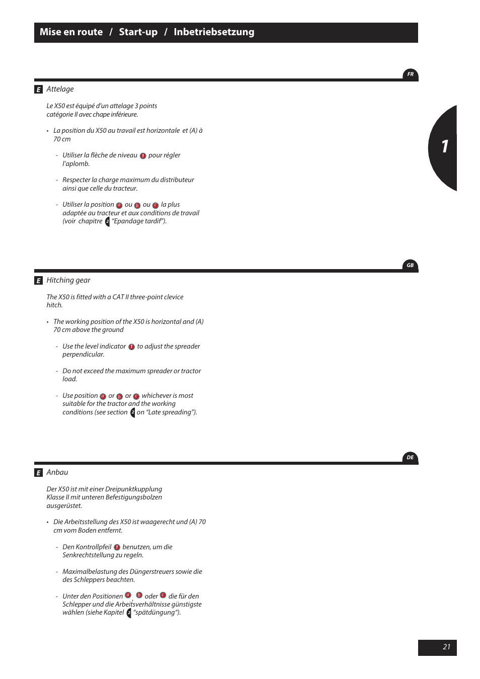 Mise en route / start-up / inbetriebsetzung | Sulky X 50 User Manual | Page 23 / 103