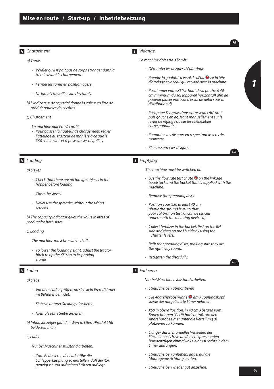 Mise en route / start-up / inbetriebsetzung | Sulky X 50 User Manual | Page 41 / 103