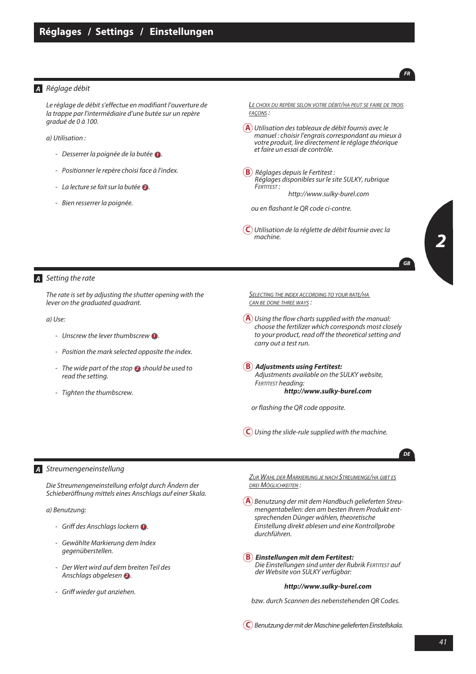 Réglages / settings / einstellungen | Sulky X 50 User Manual | Page 43 / 103