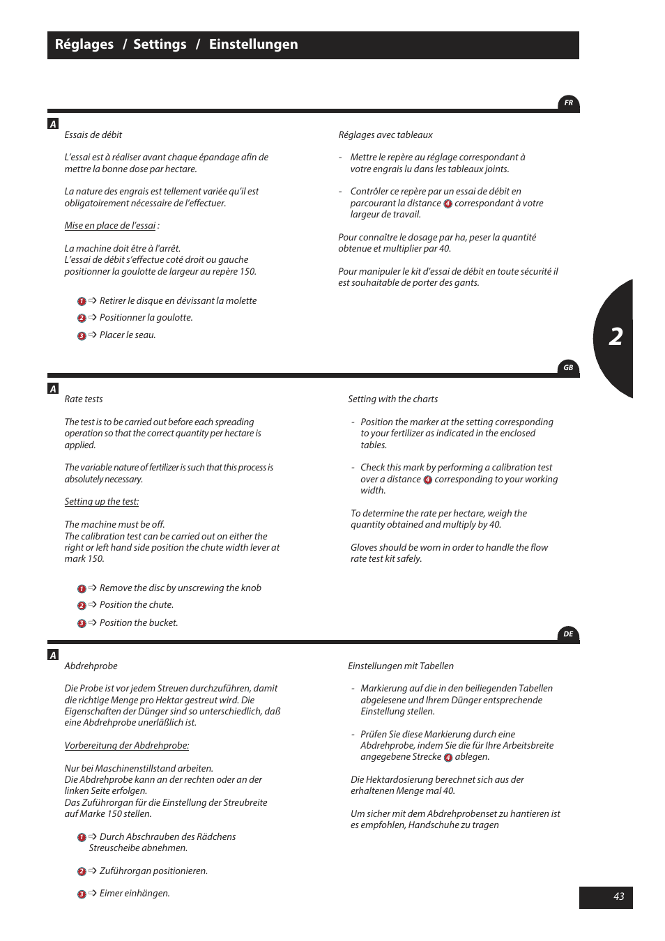 Réglages / settings / einstellungen | Sulky X 50 User Manual | Page 45 / 103