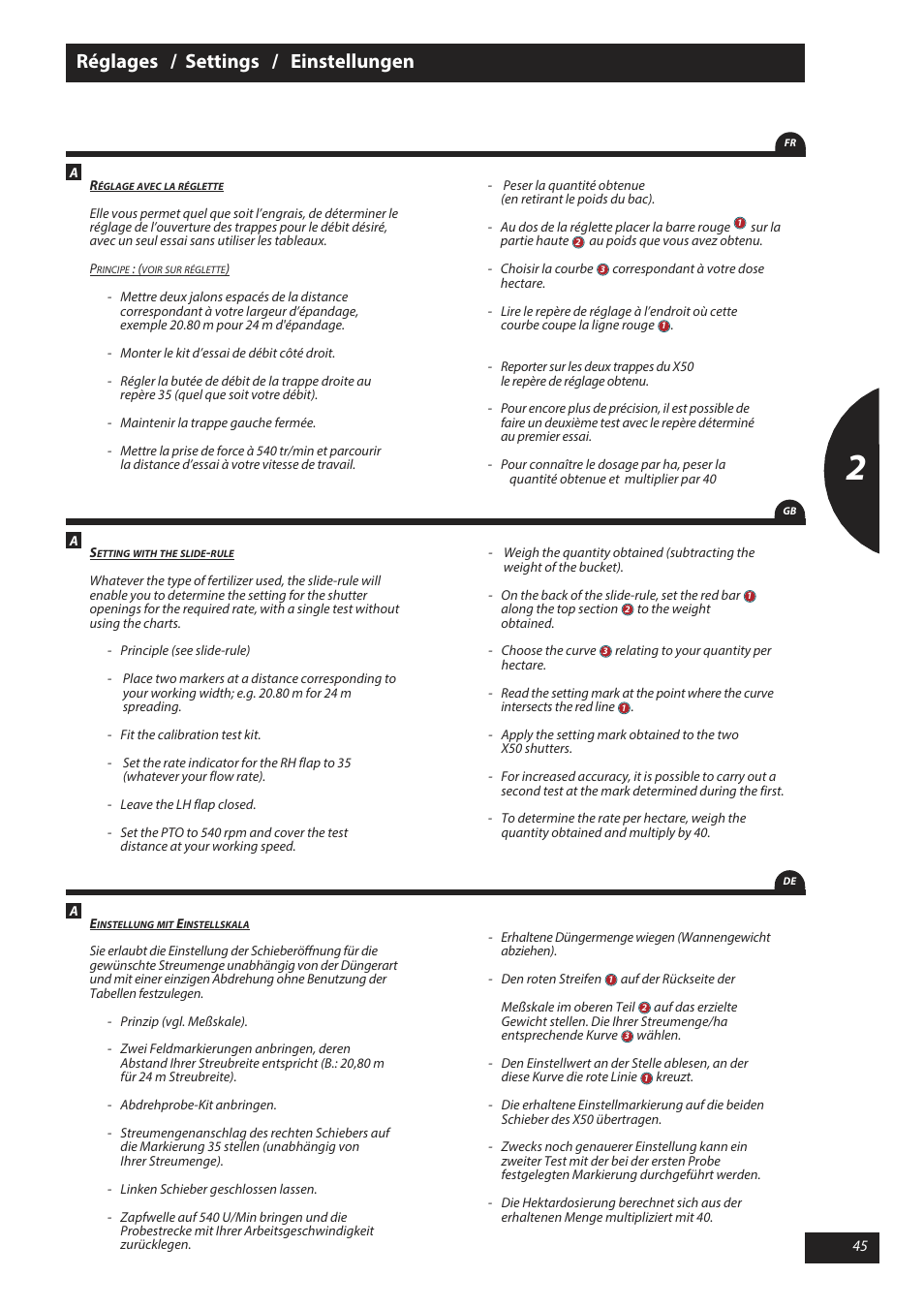 Réglages / settings / einstellungen | Sulky X 50 User Manual | Page 47 / 103