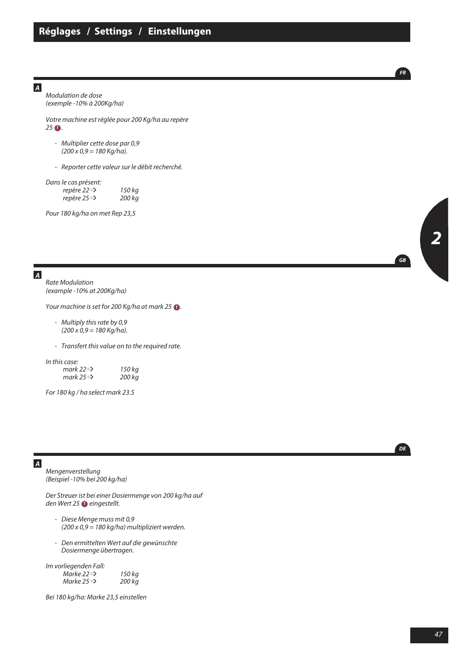 Réglages / settings / einstellungen | Sulky X 50 User Manual | Page 49 / 103