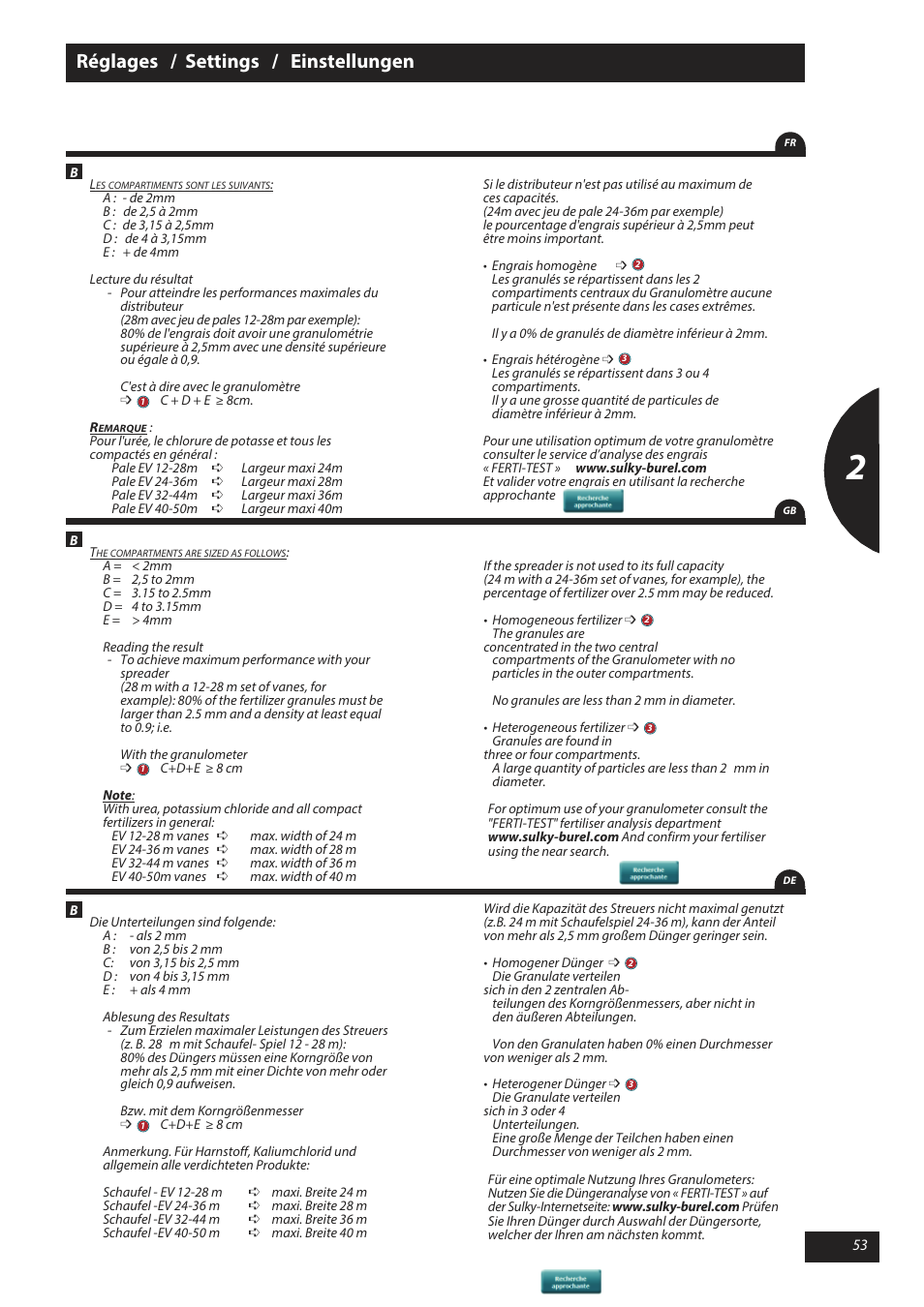Réglages / settings / einstellungen | Sulky X 50 User Manual | Page 55 / 103