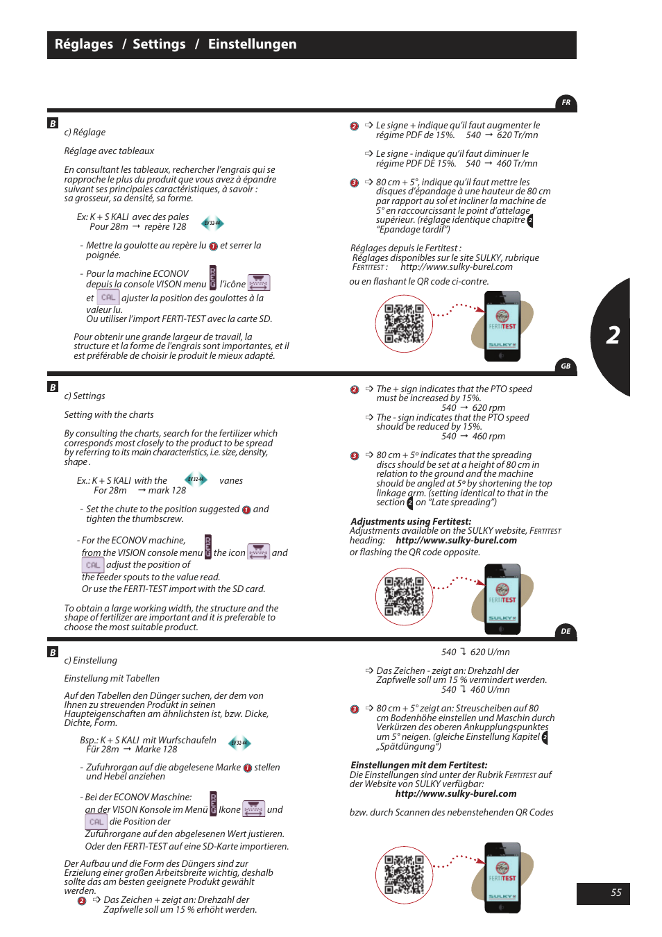 Réglages / settings / einstellungen | Sulky X 50 User Manual | Page 57 / 103