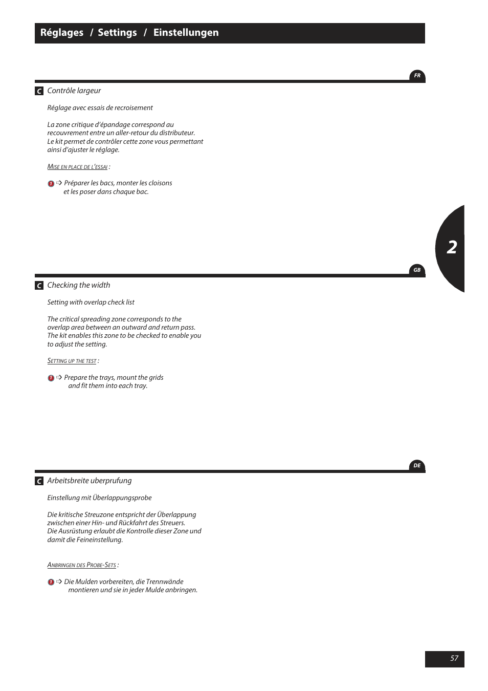 Réglages / settings / einstellungen | Sulky X 50 User Manual | Page 59 / 103