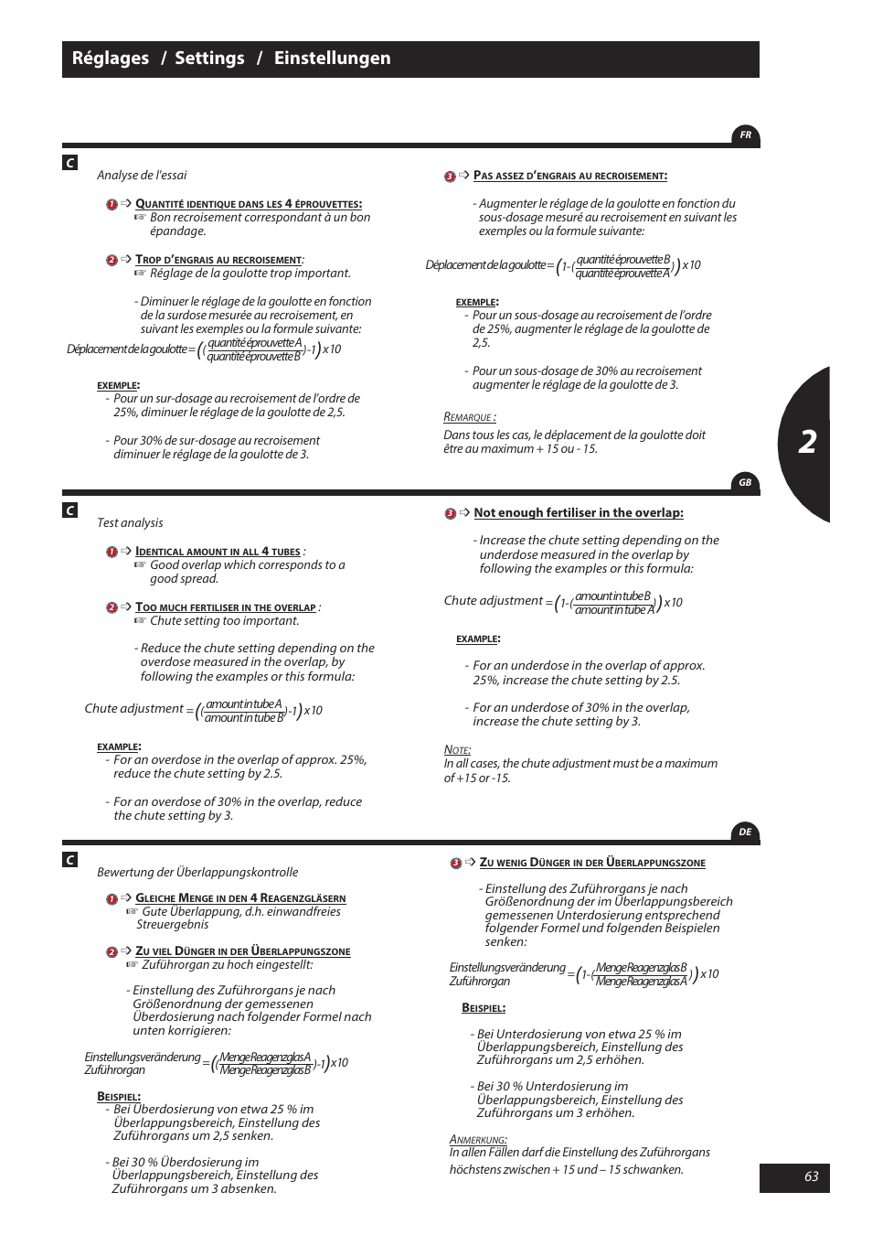Réglages / settings / einstellungen | Sulky X 50 User Manual | Page 65 / 103