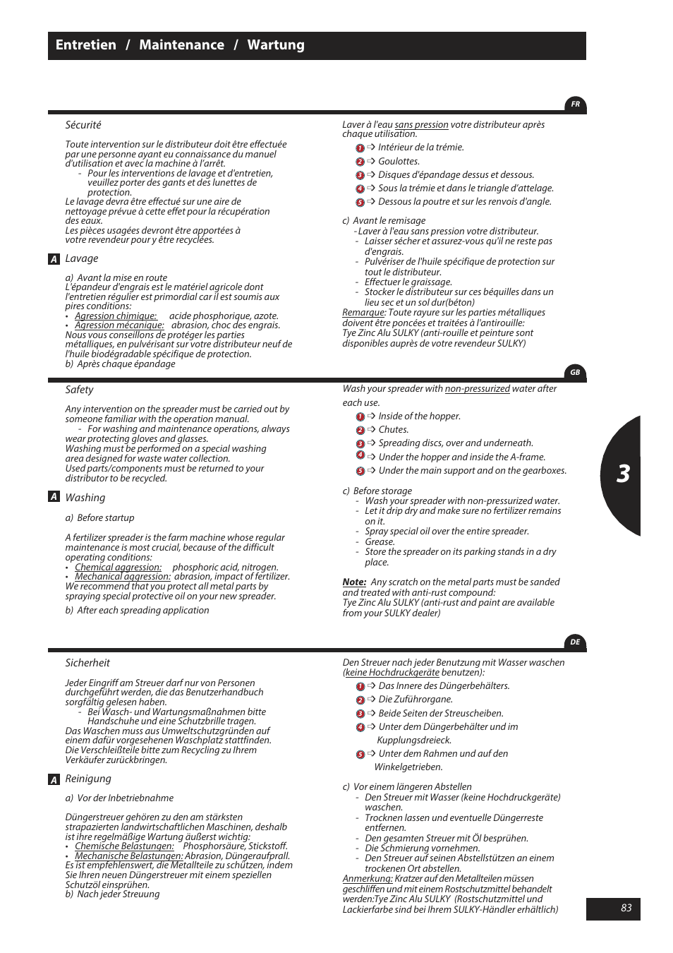 Entretien / maintenance / wartung | Sulky X 50 User Manual | Page 85 / 103