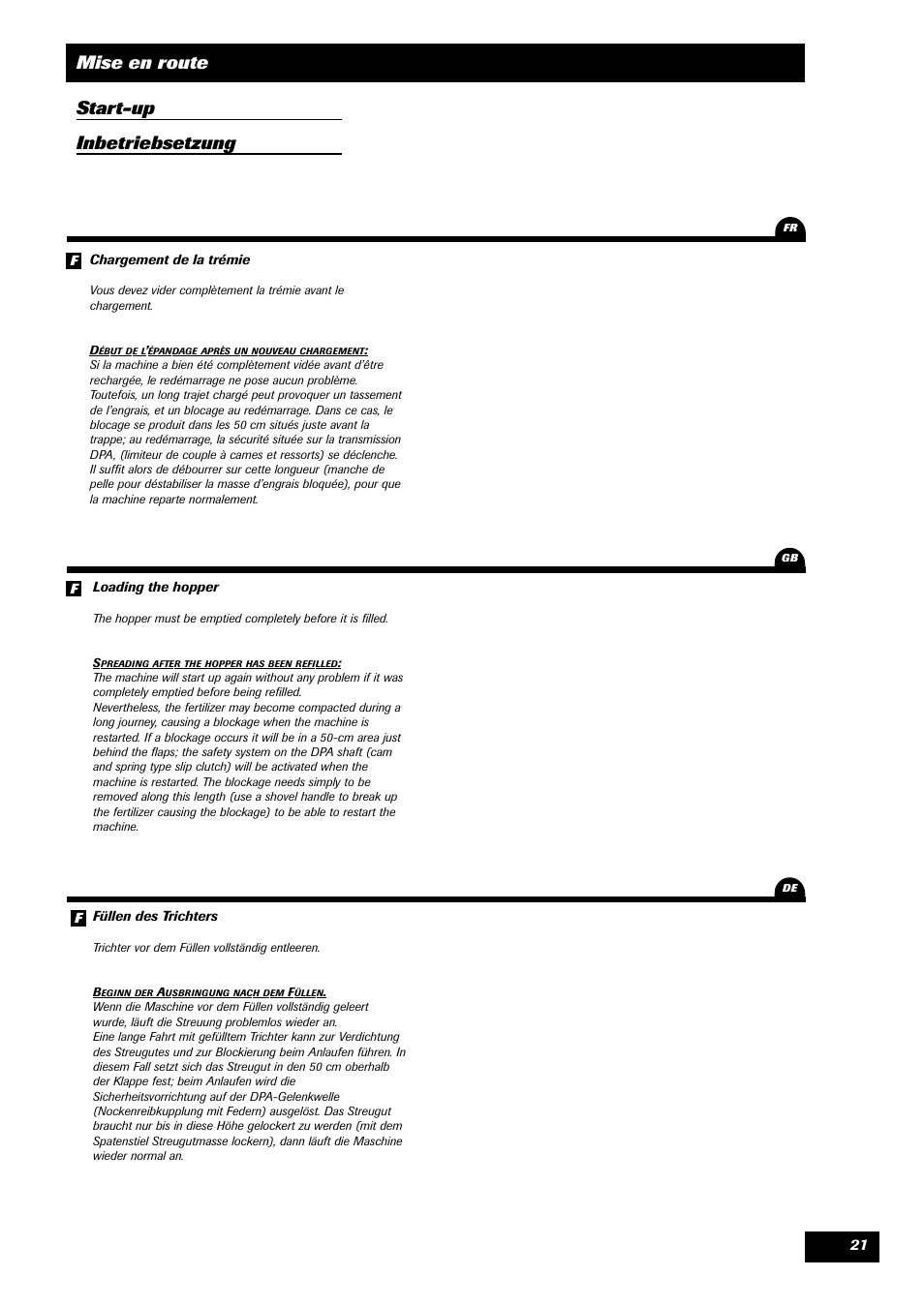 Mise en route start-up inbetriebsetzung | Sulky DPA XLT User Manual | Page 22 / 102