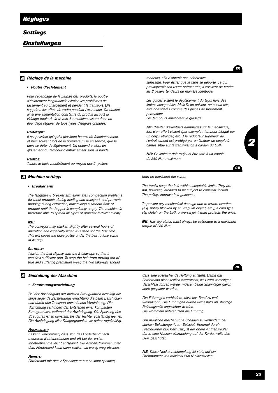 Réglages settings einstellungen | Sulky DPA XLT User Manual | Page 24 / 102