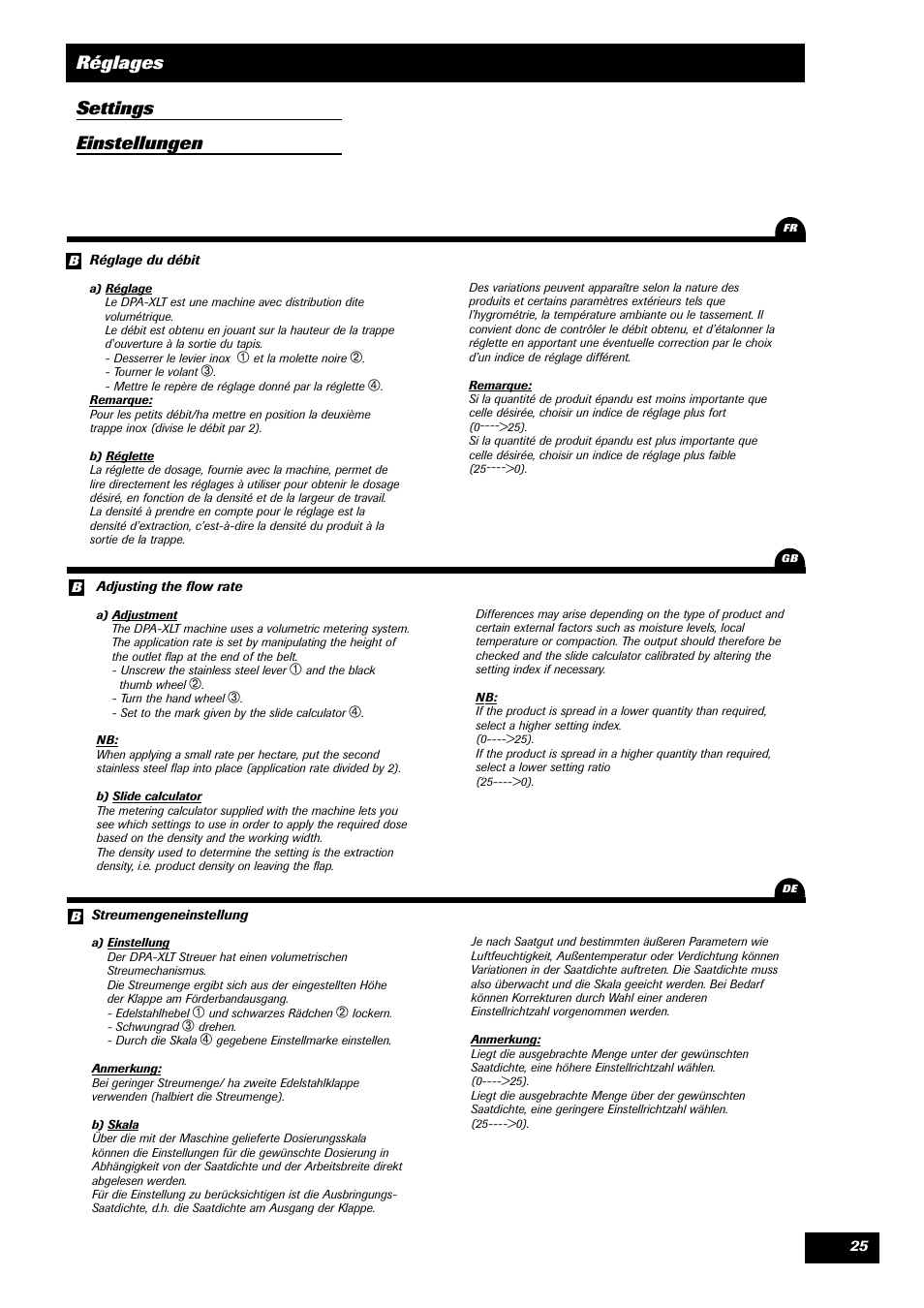 Réglages settings einstellungen | Sulky DPA XLT User Manual | Page 26 / 102