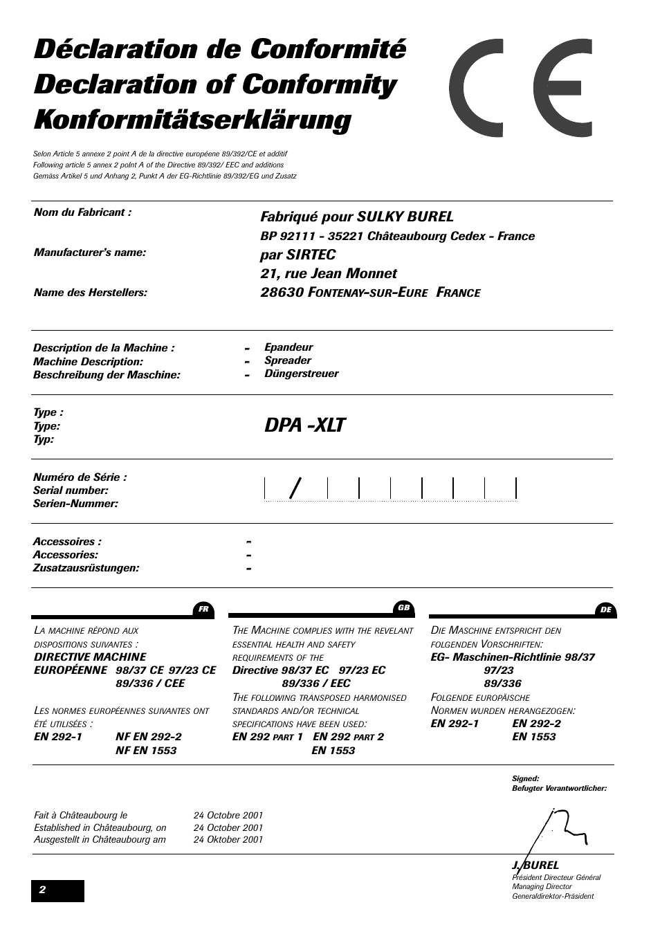 Dpa -xlt, Fabriqué pour sulky burel | Sulky DPA XLT User Manual | Page 3 / 102