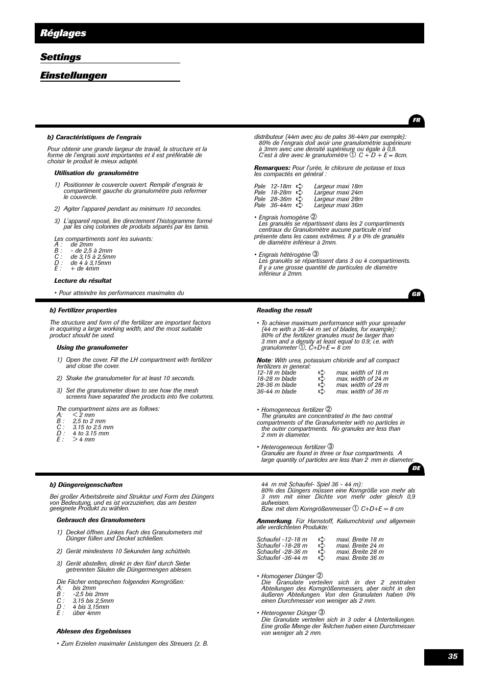 Réglages settings einstellungen | Sulky DPA XLT User Manual | Page 36 / 102