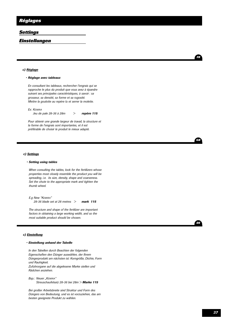 Réglages settings einstellungen | Sulky DPA XLT User Manual | Page 38 / 102