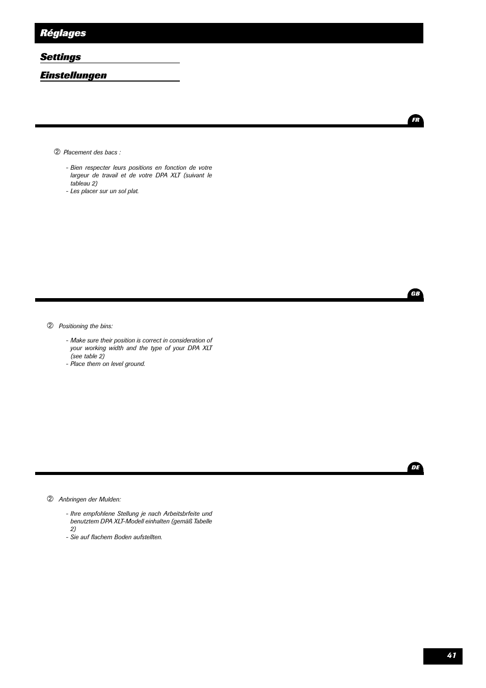 Réglages settings einstellungen | Sulky DPA XLT User Manual | Page 42 / 102