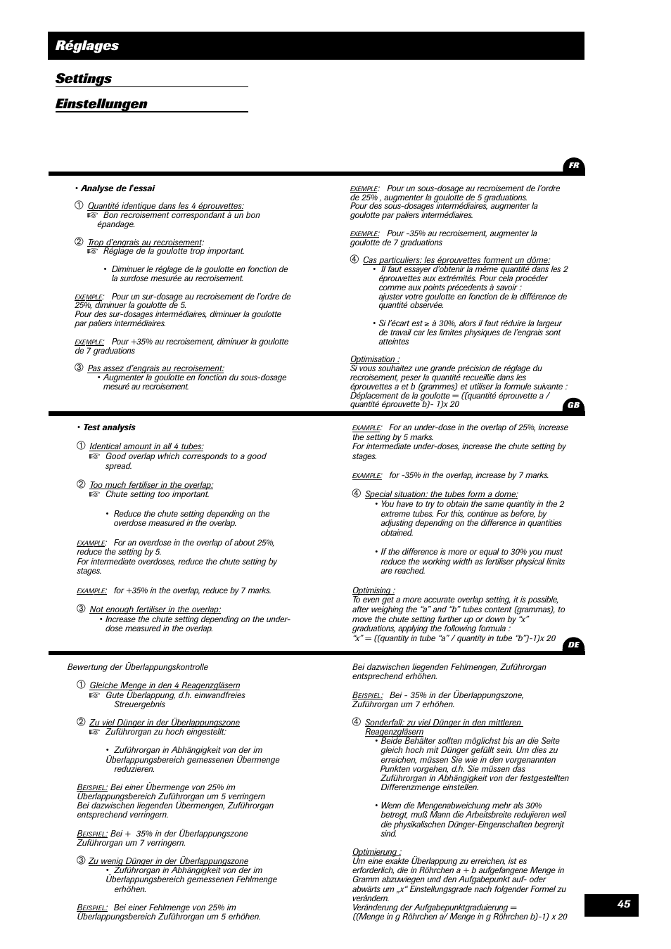 Réglages settings einstellungen | Sulky DPA XLT User Manual | Page 46 / 102