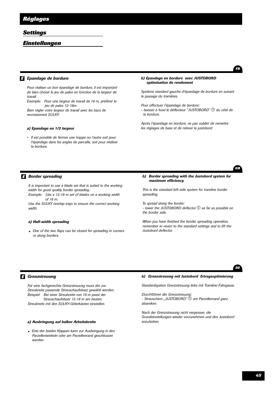 Réglages settings einstellungen | Sulky DPA XLT User Manual | Page 50 / 102