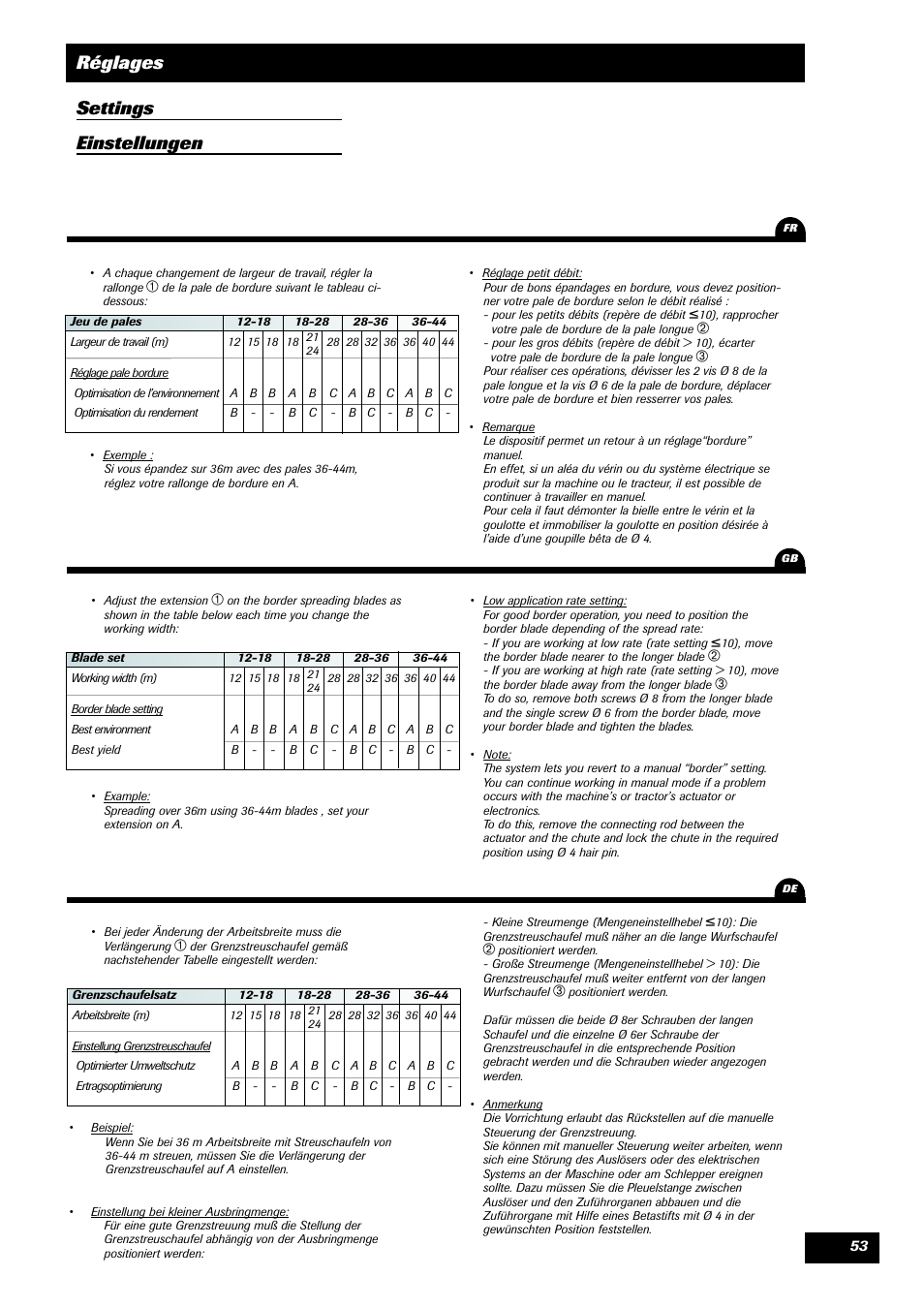 Réglages settings einstellungen | Sulky DPA XLT User Manual | Page 54 / 102