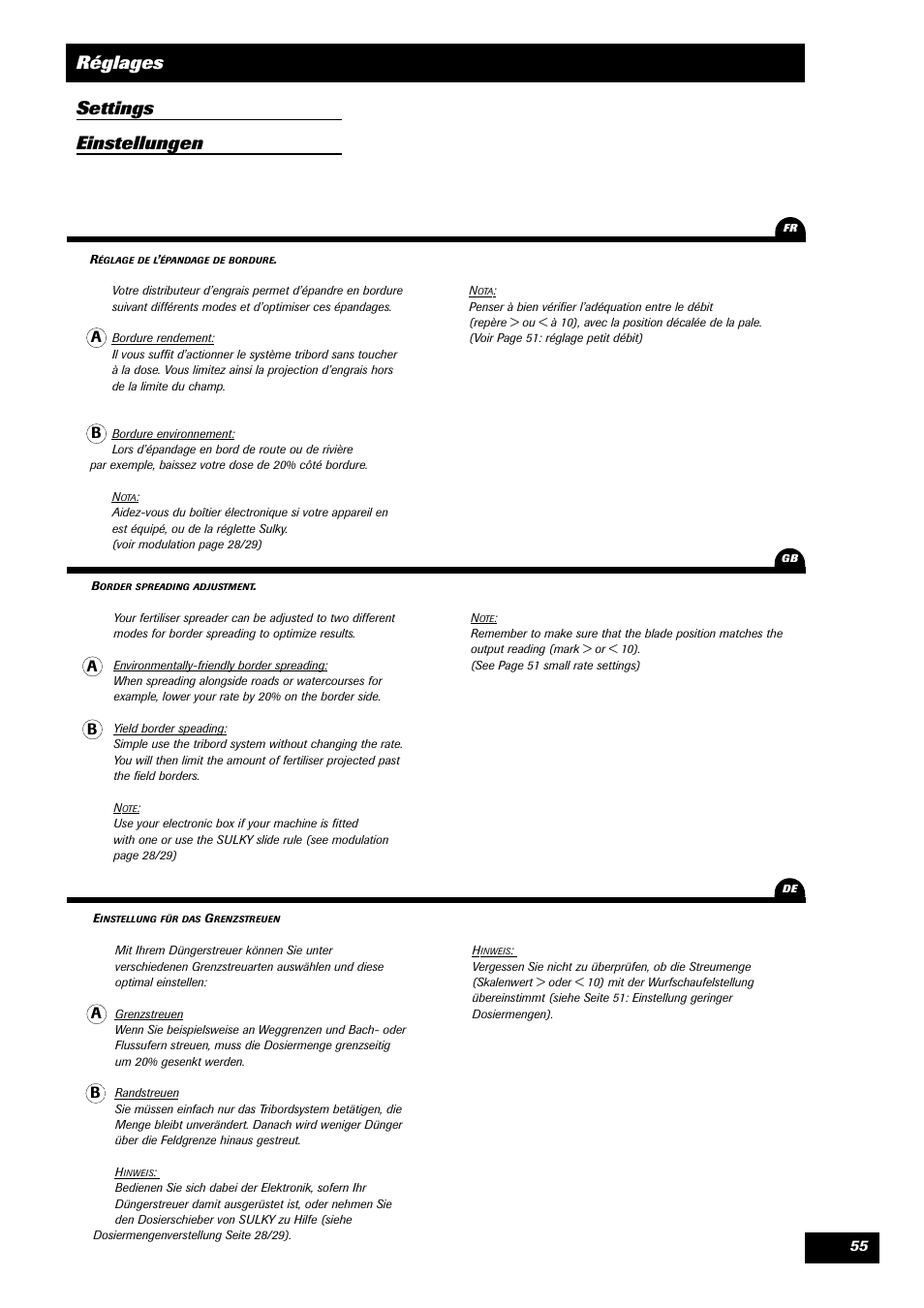 Réglages settings einstellungen, Ab b a | Sulky DPA XLT User Manual | Page 56 / 102