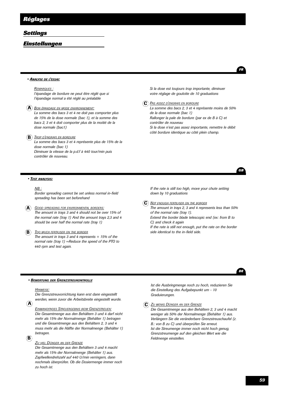 Réglages settings einstellungen | Sulky DPA XLT User Manual | Page 60 / 102