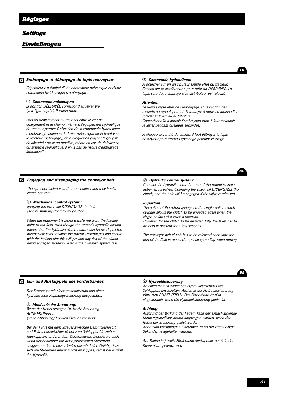 Réglages settings einstellungen | Sulky DPA XLT User Manual | Page 62 / 102