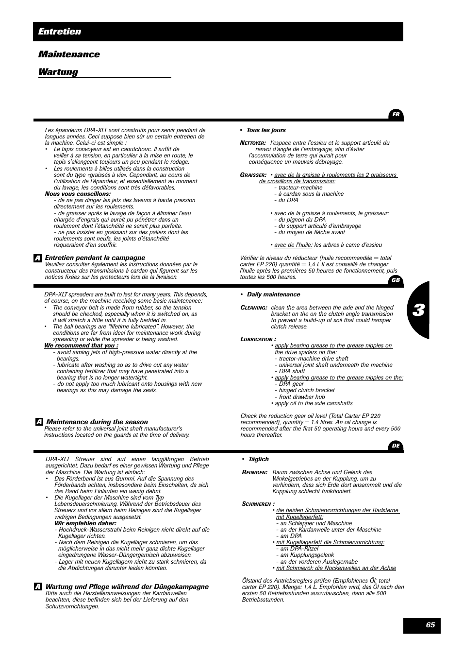 Entretien maintenance wartung | Sulky DPA XLT User Manual | Page 66 / 102