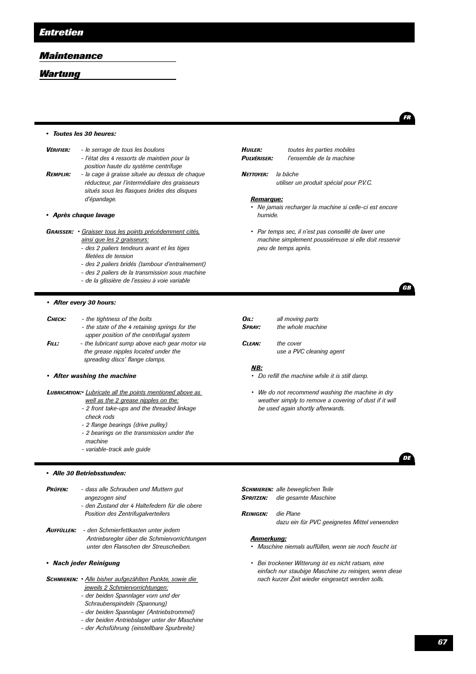 Entretien maintenance wartung | Sulky DPA XLT User Manual | Page 68 / 102