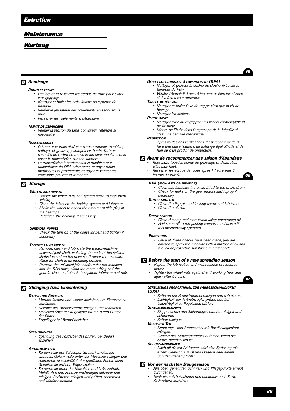 Entretien maintenance wartung | Sulky DPA XLT User Manual | Page 70 / 102